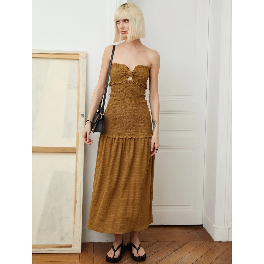 NWT Pixie Market Nora Smocked Midi Dress Womens XS Brown Cottagecore Boho Summer